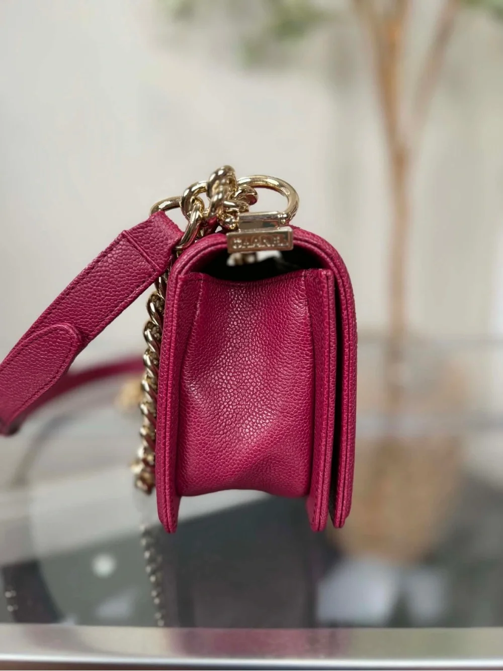 CHANEL Boy Chevron Quilted Crossbody Bag in Deep Berry with Gold Hardware